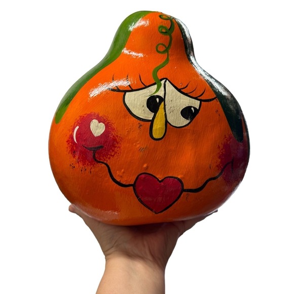 Silly Girl Face Hand Painted Gourd Fall Halloween 9.75" x 9" - Picture 1 of 12
